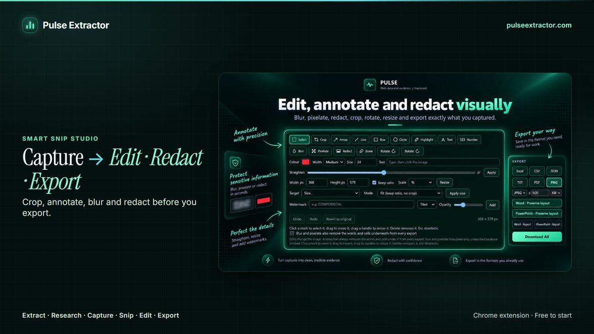 The Pulse Extractor Smart Snip editor with crop, arrow, highlight, blur, pixelate and redact tools and export buttons for Excel, Word, PowerPoint, PDF and PNG.