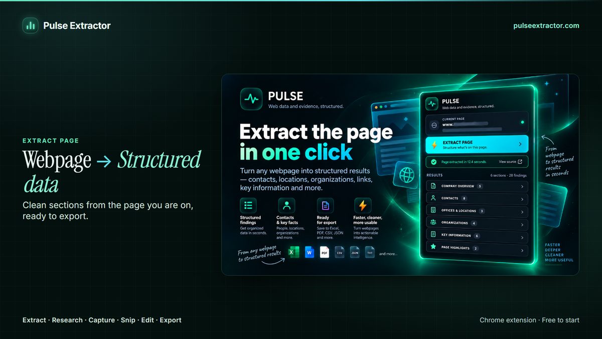 Pulse Extractor Extract Page result: a webpage structured into sections such as company overview, contacts, offices and key information.