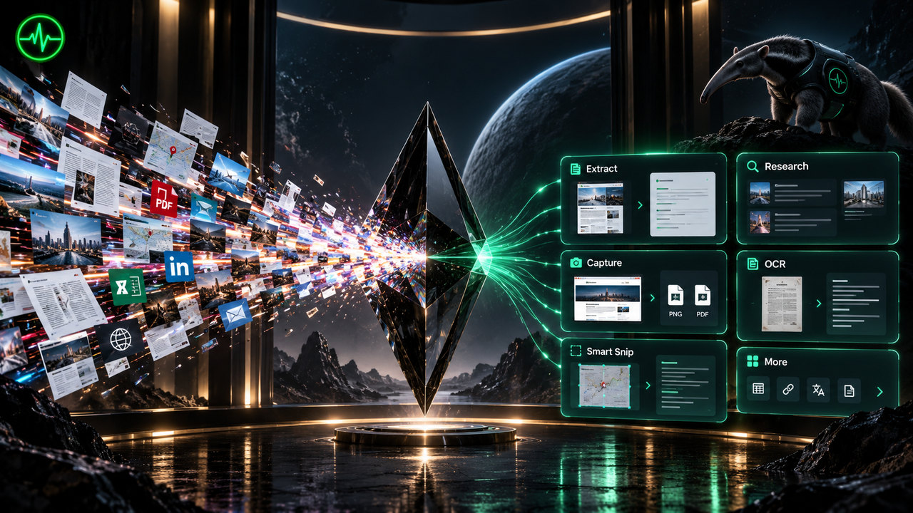 A storm of webpages, documents, images and media is drawn into the black Pulse prism and leaves it as clean, structured panels of results.