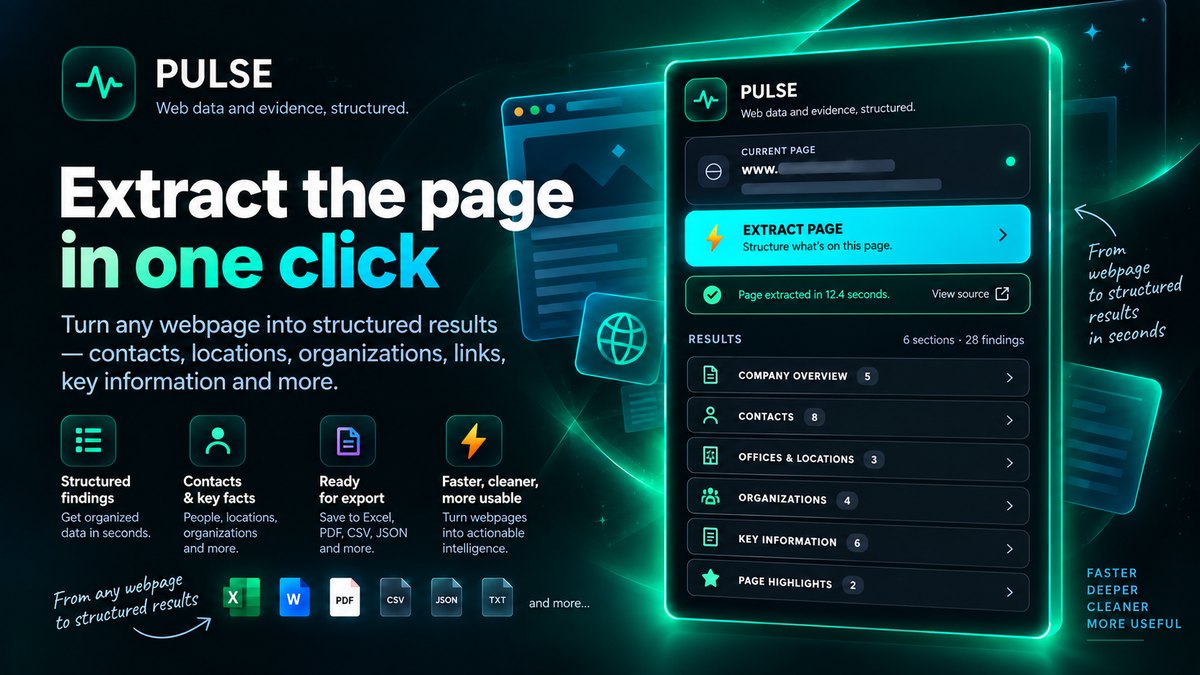Marketing composite of Extract Page: the Pulse popup beside a result grouped into company overview, contacts, offices and locations, organizations, key information and page highlights.