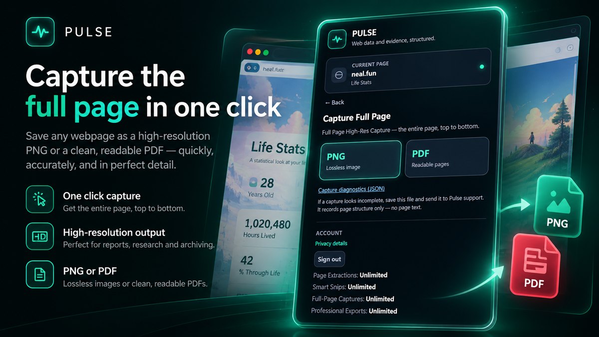 Marketing composite of Full-Page Capture: the capture panel offering a lossless PNG or a readable PDF, beside a long page being saved end to end.