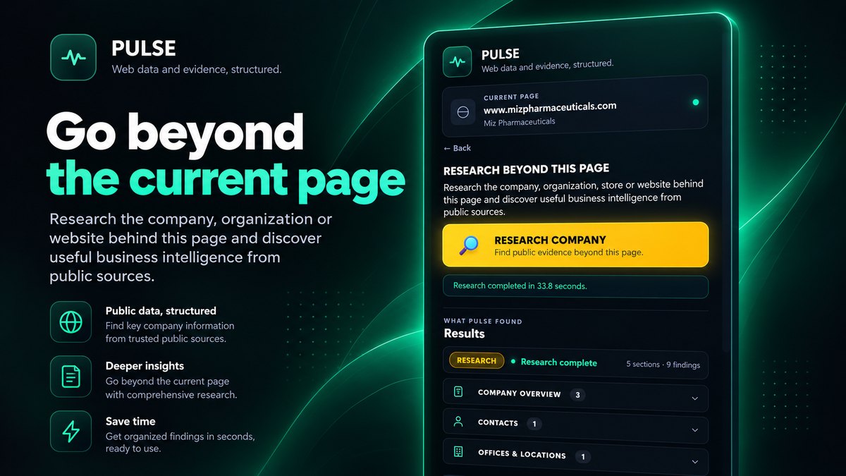 Marketing composite of Research: a run started from a company website, the time it completed in, and results grouped into company overview, contacts and offices and locations.