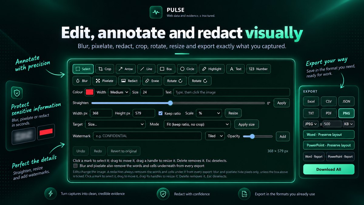 Marketing composite of Smart Snip Studio: the editor's select, crop, arrow, highlight, blur, pixelate and redact tools, with an export panel offering Excel, CSV, JSON, TXT, PDF, PNG, Word and PowerPoint.