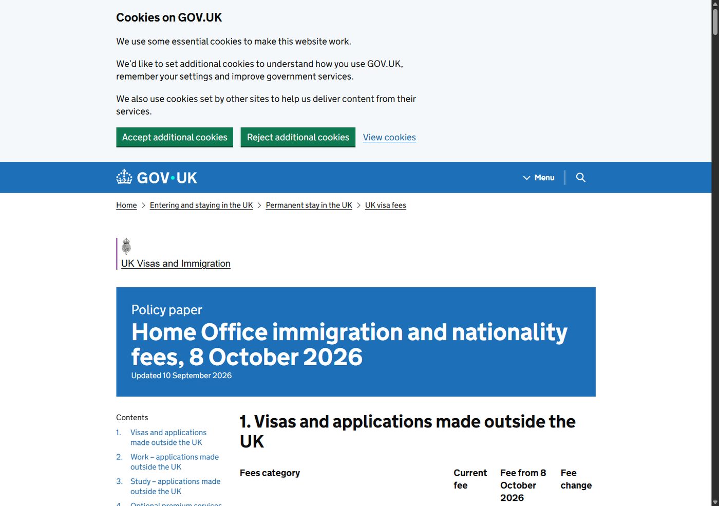 The GOV.UK immigration and nationality fees page as published