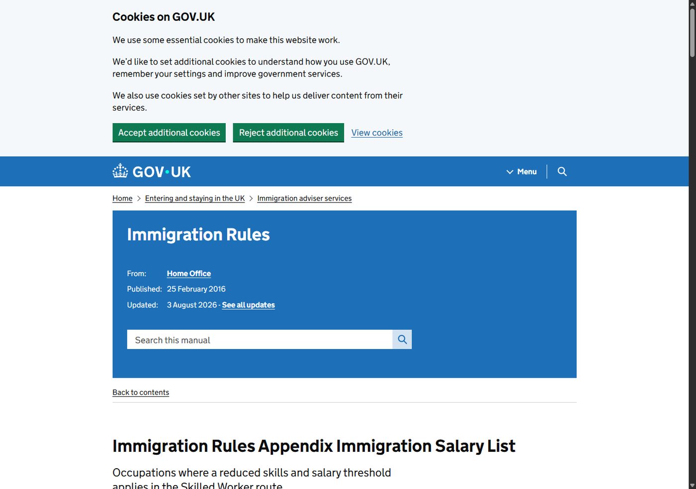 The top of the Immigration Salary List guidance page