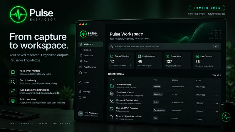 Concept preview of a planned Pulse Workspace: a dark dashboard with counts of saved research dossiers, past extractions, Smart Snips and page captures, and a list of recent items, labelled COMING SOON — concept preview, future workspace