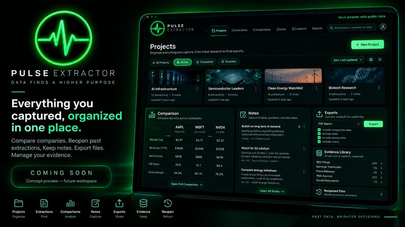 Concept preview of a planned Pulse Workspace projects view: project cards with extraction and note counts, a side-by-side company comparison, a notes panel and an evidence library, labelled COMING SOON — concept preview, future workspace
